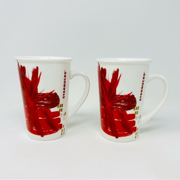 Starbucks Christmas Coffee Mugs Set Of 2 Red Gold Starburst Tall 12oz Holiday - Picture 8 of 8